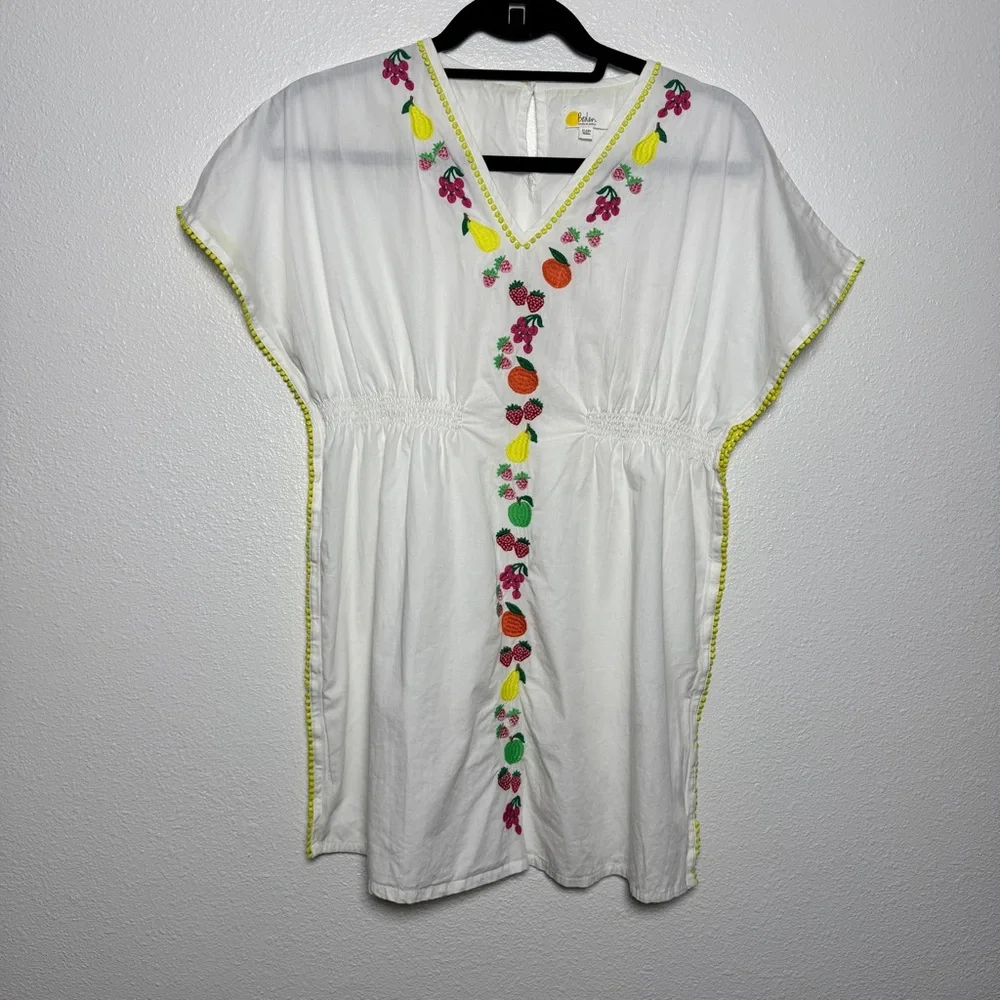 Mini Boden Fruit Embroidered Cover‎ Up 11-12 White Cotton Kaftan Girls Vacation